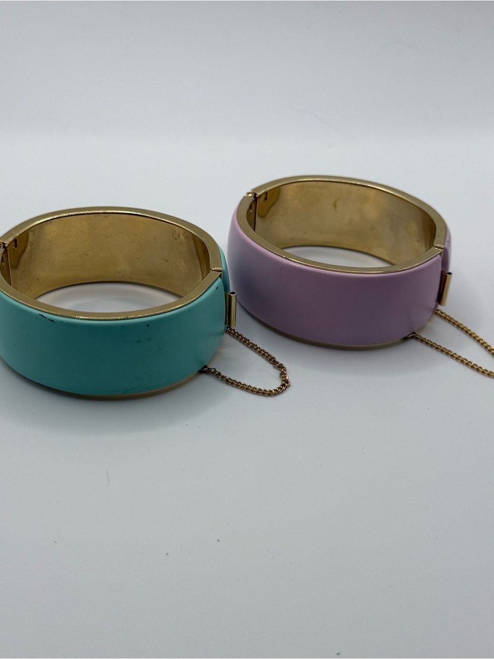 Vintage Pastel Purple and Teal Enamel Hinged Bangle Set